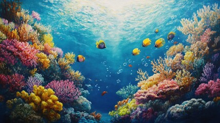 Obraz premium Brightly colored coral reef alive with fish, showcasing the breathtaking beauty of marine life.