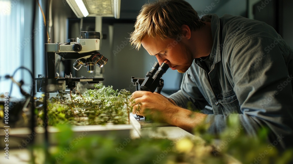 Aufkleber close view of a scientist analyzing plant material under a microscope, highlighting the importance o