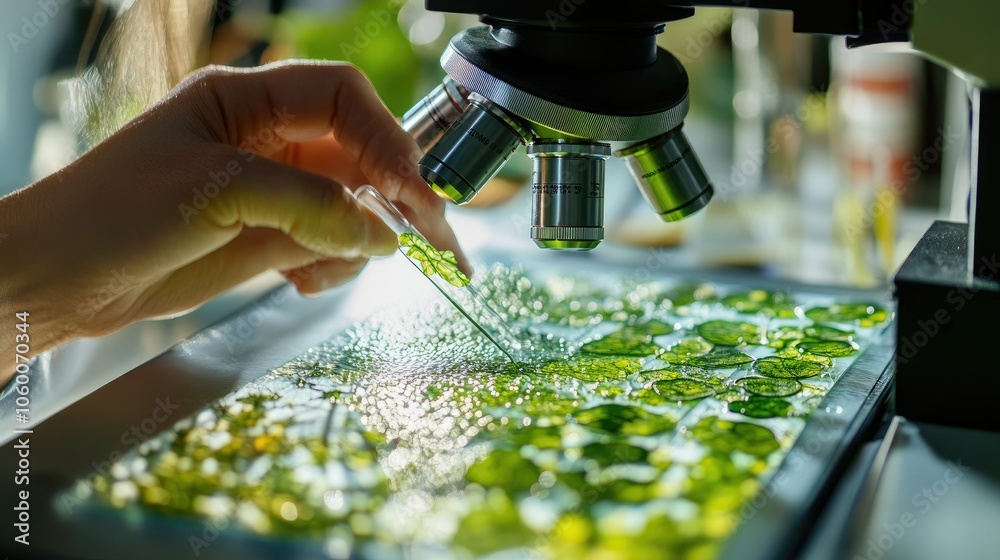 Poster close-up of a researcher examining plant tissue under a microscope, capturing precision and focus in