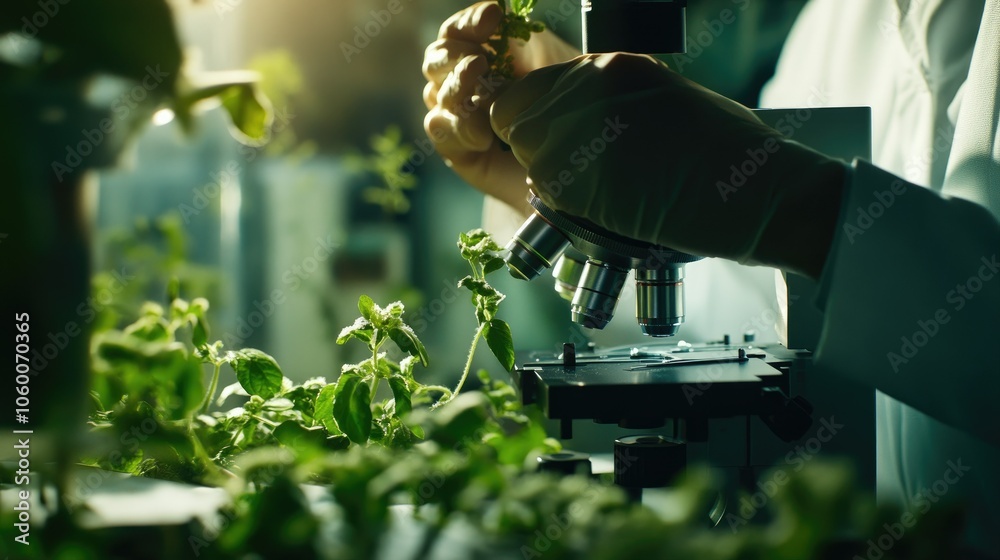 Poster close-up of a researcher examining plant tissue under a microscope, capturing precision and focus in