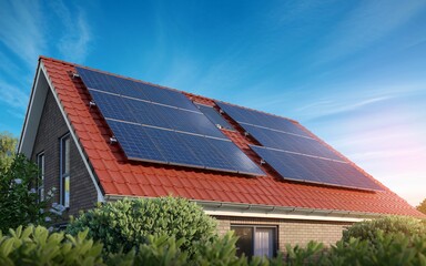 Fototapeta premium Modern House with Solar Panels on Red-Tiled Roof Under Bright Sunlight, Sustainable Home Design, Renewable Energy Solutions, Eco-Friendly Architecture, Green Building for Environmental Conservation