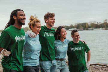 Multiethnic volunteer group walking happily
