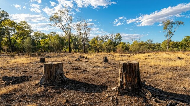 Deforested area with tree stumps and dry soil; conveying the urgency of stopping habitat destruction to save endangered species.