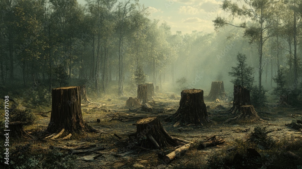 Poster deserted forest scene with stumps and scattered logs; a visual of habitat destruction leading to spe