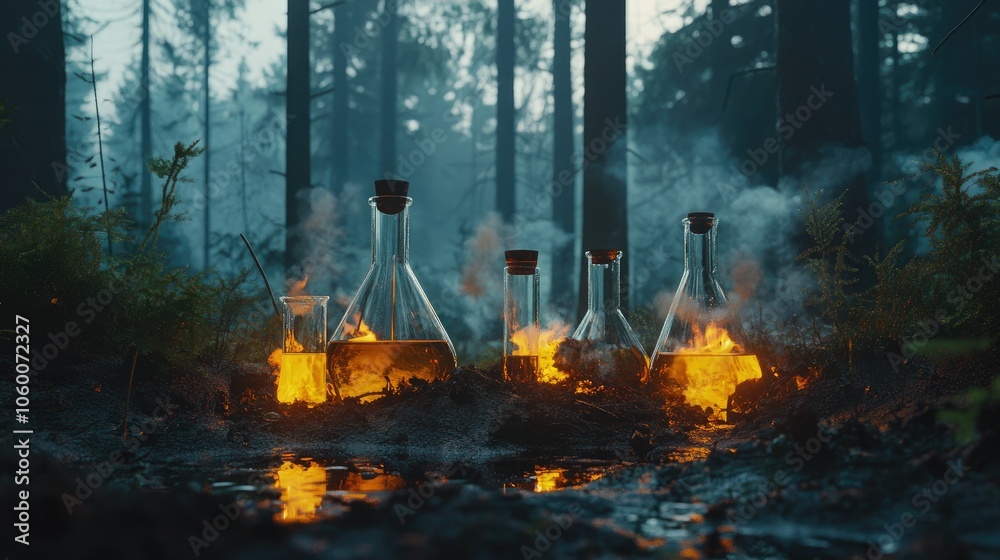 Poster forest ablaze alongside a lab with glass beakers and equipment, showcasing the connection between sc