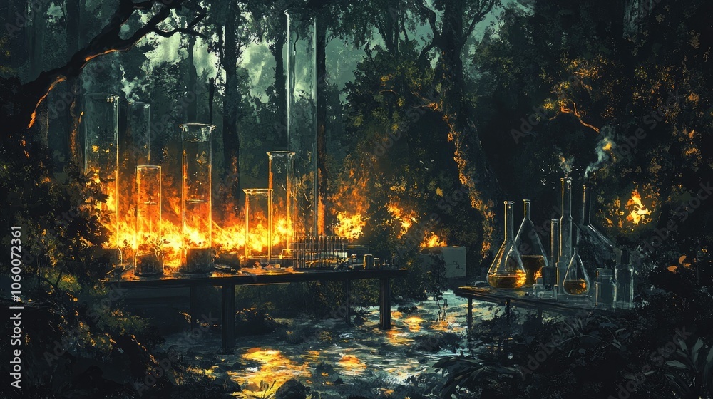 Poster forest ablaze alongside a lab with glass beakers and equipment, showcasing the connection between sc