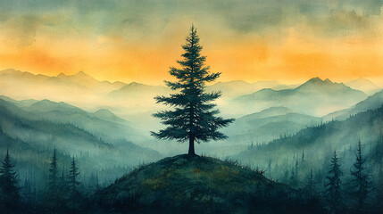 Obraz premium Serene watercolor of a lone evergreen tree on a hilltop at sunrise, ideal for tranquil designs, nature-themed events, and inspirational quotes.