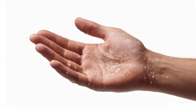 Open hand with Hyperhidrosis, wet hand from sweat syndrome isolated on white background 
