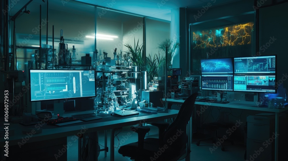 Aufkleber high-tech lab with screens and futuristic equipment, scientists attempt to save mystical species via