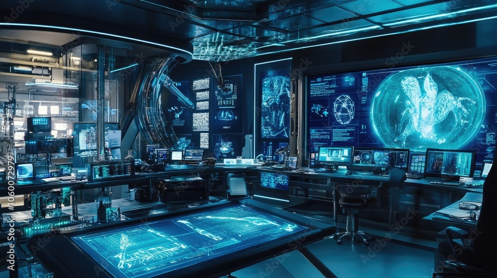 Poster High-tech lab with screens and futuristic equipment, scientists attempt to save mystical species via time travel.