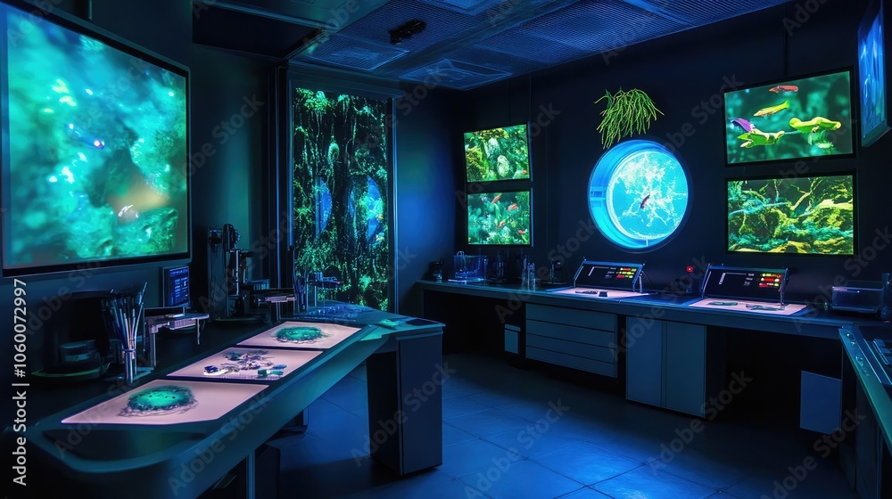 Poster high-tech lab with screens and futuristic equipment, scientists attempt to save mystical species via
