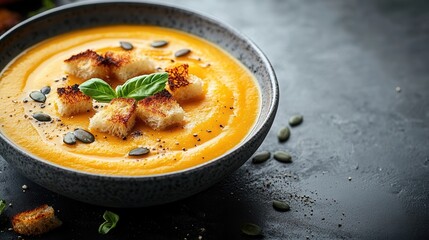A bowl of creamy pumpkin soup garnished with toasted bread and pumpkin seeds on a dark textured surface