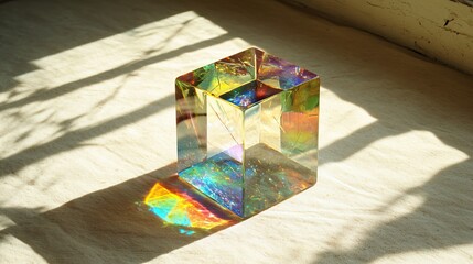 Dichroic glass cube prism reflecting rainbow light beams on neutral background with window light , rainbow, colorful, shiny. 