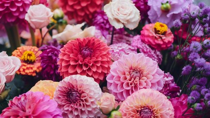a vibrant arrangement of flowers. The central focus is a stunning collection of dahlias in a range of vivid hues,
