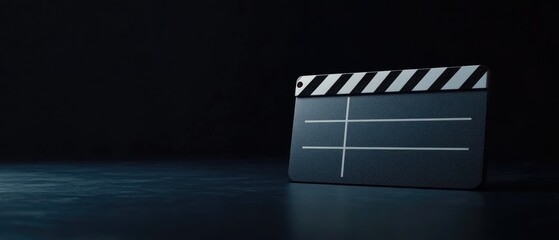 A black film clapperboard sits on a dark blue surface.
