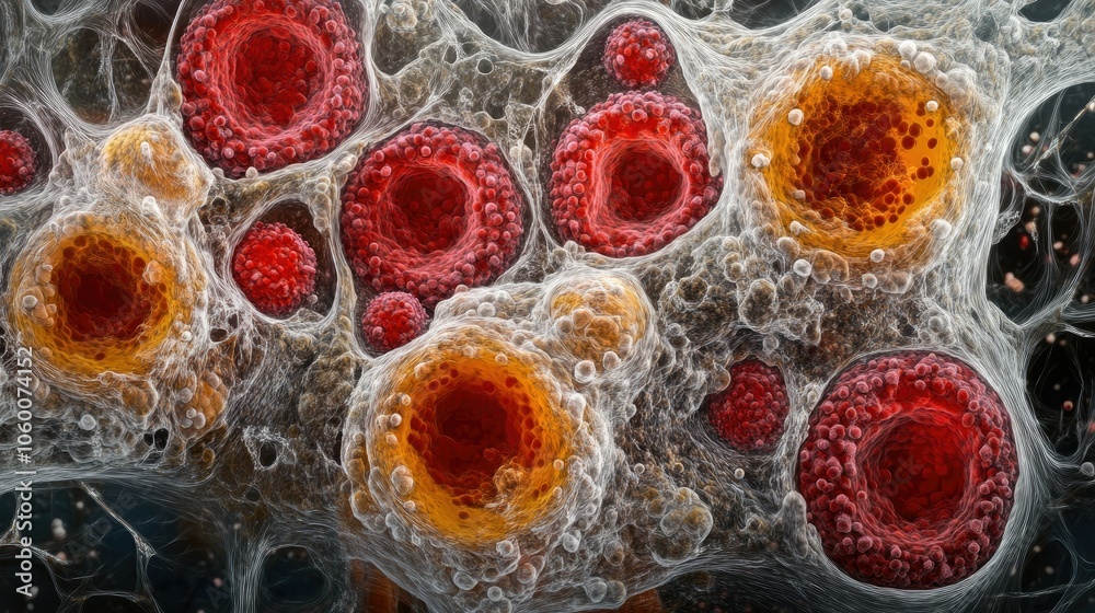 Poster red blood cells floating in plasma, with cellular structures scattered among them, under high-defini