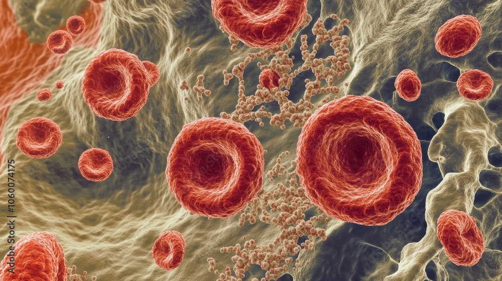 Poster red blood cells floating in plasma, with cellular structures scattered among them, under high-defini