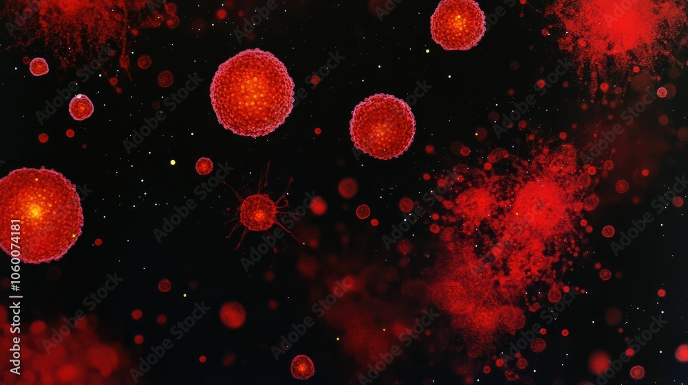 Poster red blood cells floating in plasma, with cellular structures scattered among them, under high-defini