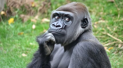 Naklejka premium Portrait of gorilla looking pensive, with subtle facial features and natural dark fur details in focus.