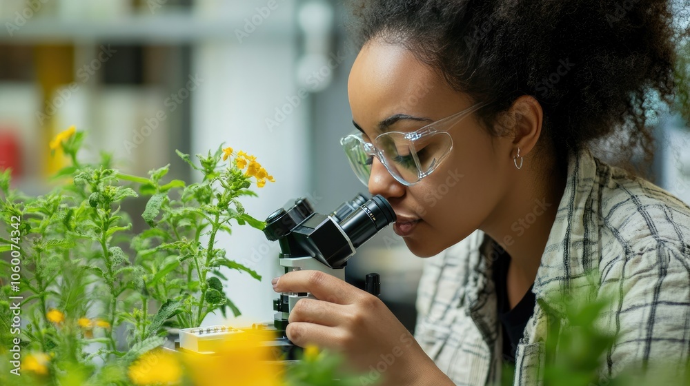 Poster Scientist in a lab studying a plant under a microscope, representing advancements in botanical and ecological research