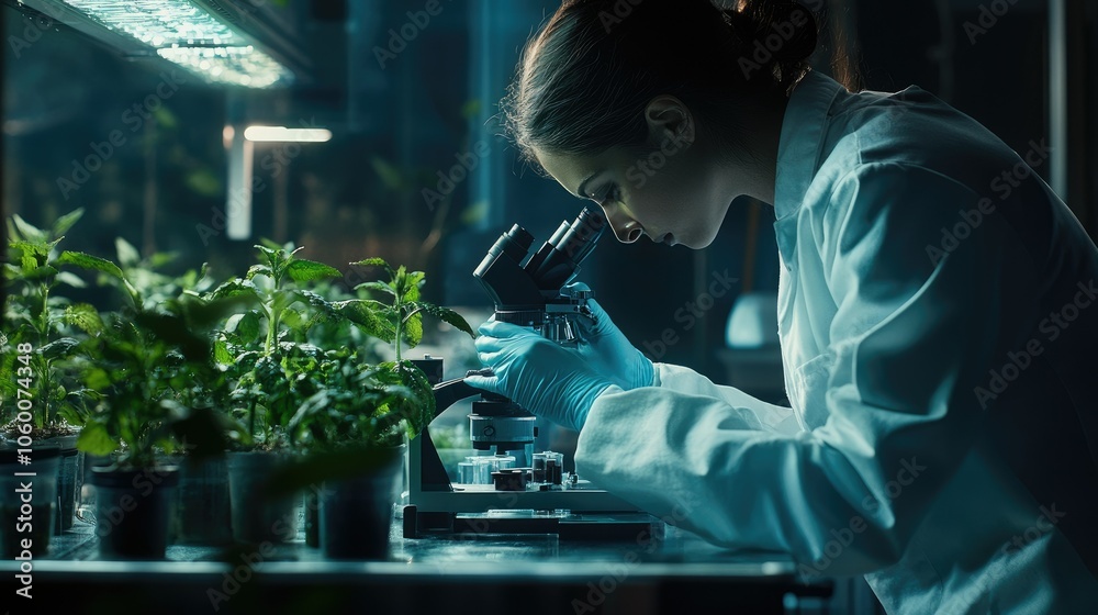 Poster scientist in a lab studying a plant under a microscope, representing advancements in botanical and e
