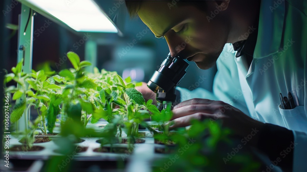 Aufkleber scientist in a lab studying a plant under a microscope, representing advancements in botanical and e