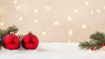 Celebrate the joy of Christmas with vibrant baubles on fresh snow, surrounded by sparkling lights and festive greenery.