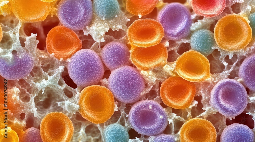 Poster under microscope: individual red blood cells interspersed with tiny cellular structures, detailed an