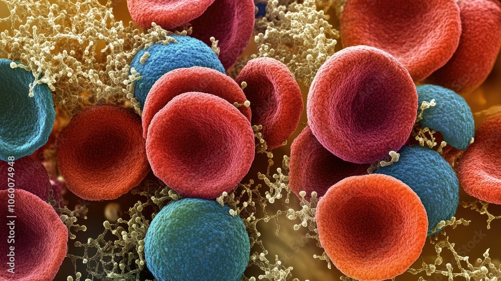 Poster under microscope: individual red blood cells interspersed with tiny cellular structures, detailed an