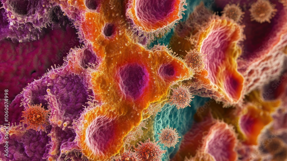 Poster under microscope: individual red blood cells interspersed with tiny cellular structures, detailed an