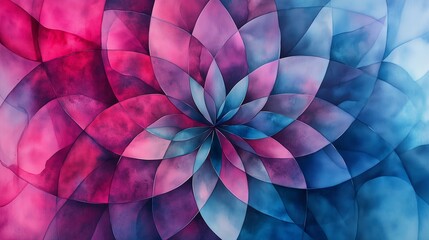 Fototapeta premium Complex geometric forms unfold into an abstract flower-like pattern, with a vibrant watercolor background of magenta and electric blue enhancing the organic flow.