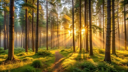 Obraz premium A serene forest with a golden light filtering through the trees at dawn, foliage, peaceful, outdoors, nature, golden hour