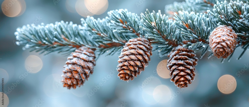 Poster close-up of frosted pine branch with cones