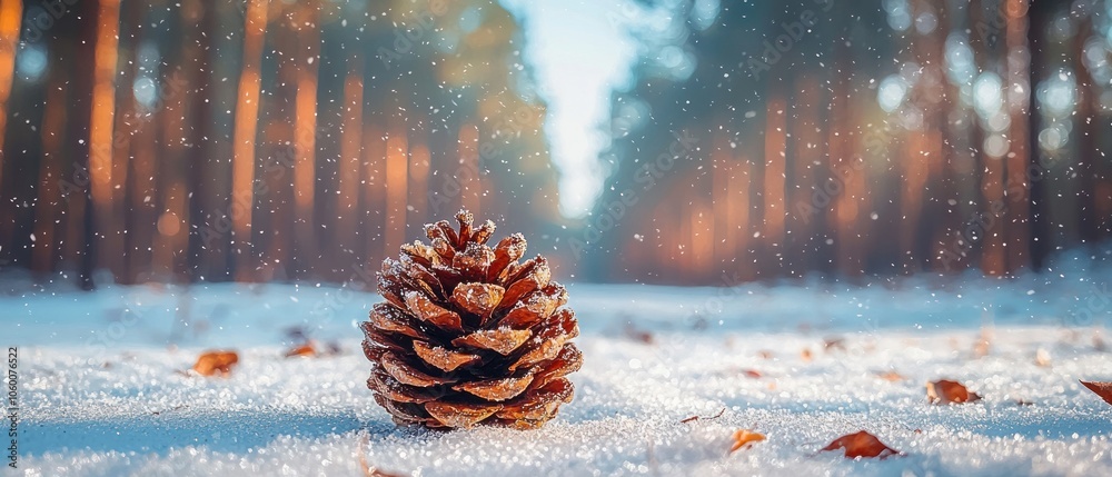 Poster a single pine cone resting in a snowy forest clearing
