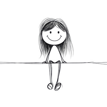 recommend clip art: A minimalist black-and-white stick figure drawing of a smiling girl sitting with dangling legs, conveying joy and simplicity