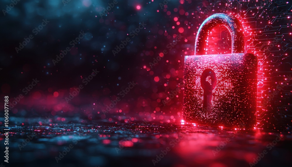 Poster glowing red padlock on a circuit board background