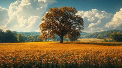Obraz premium A Single Tree Stands Tall in a Field of Golden Flowers