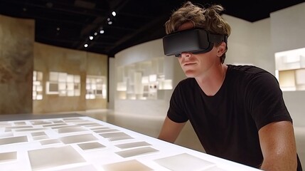 Designer with augmented reality glasses adjusting virtual furniture layouts in a modern workspace with copy space for text