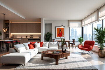 Fototapeta premium A contemporary living room features a cozy sofa, wooden coffee table, and vibrant artwork, offering a stunning view of the city skyline through large windows - Generative AI