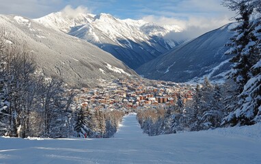 Fototapeta premium Alpine Village Charm: A traditional Austrian or Swiss village with charming chalets and holiday lights, set against towering snow-capped mountains. 