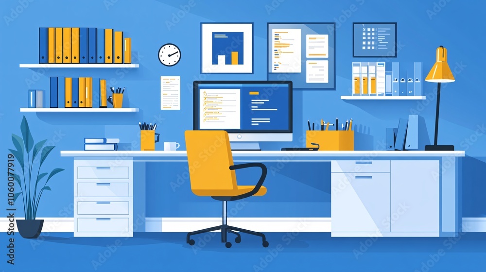 Poster Remote worker set up in a dedicated office corner with multiple screens and organized notes with empty space for text