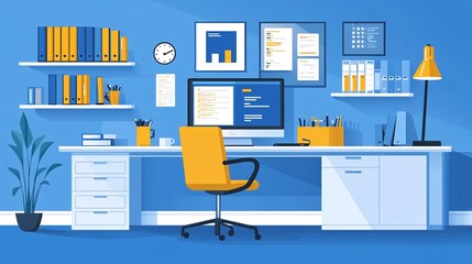 Remote worker set up in a dedicated office corner with multiple screens and organized notes with empty space for text