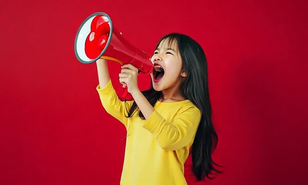 Little girl shouting on a megaphone on a bright red background