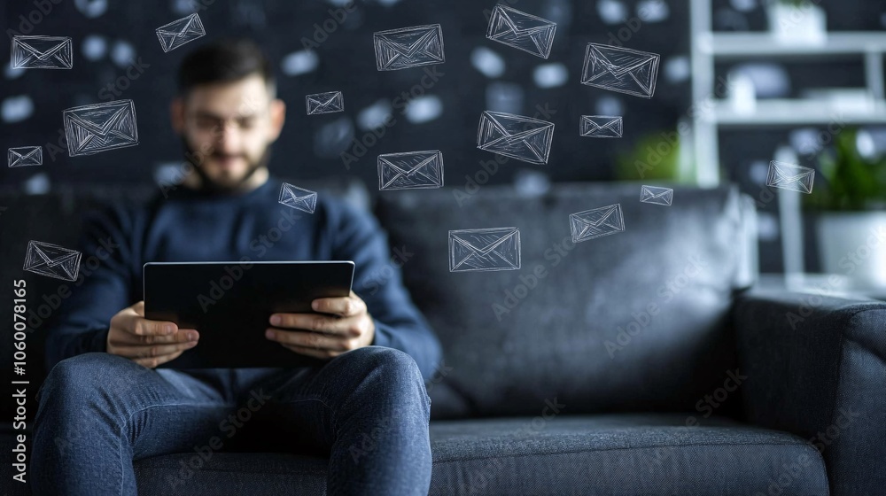 Aufkleber individual checking emails on a tablet while sitting on a comfortable sofa with an organized workspa
