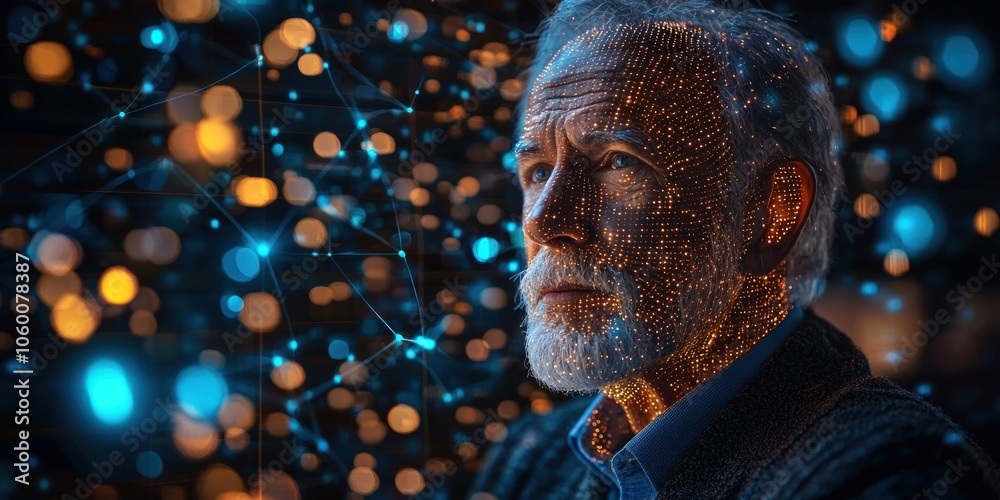 Aufkleber A Portrait of an Older Man with a Glowing Face and a Network of Lights in the Background