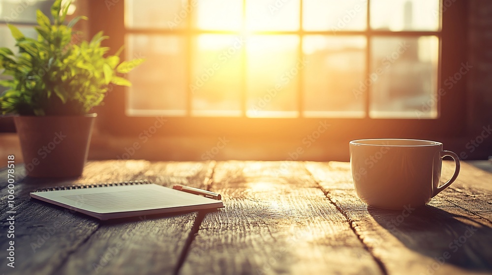Aufkleber freelancer in a sunlit shared workspace, focused on a video call with a coffee cup and notebooks nea