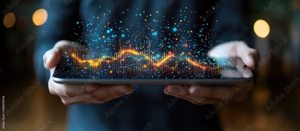 Aufkleber person holding tablet with glowing data visualization