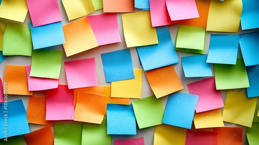 Poster Team engaged in a brainstorming session with colorful sticky notes on a whiteboard, showing creativity and teamwork with empty space for text