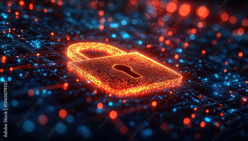 Poster glowing digital lock symbol on a circuit board