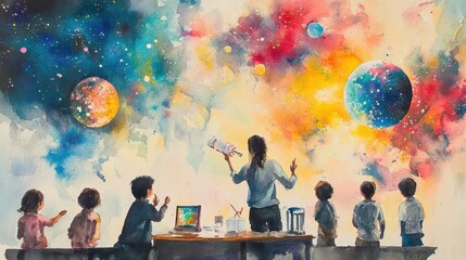 Dreamy Watercolor of Teacher Educating Students